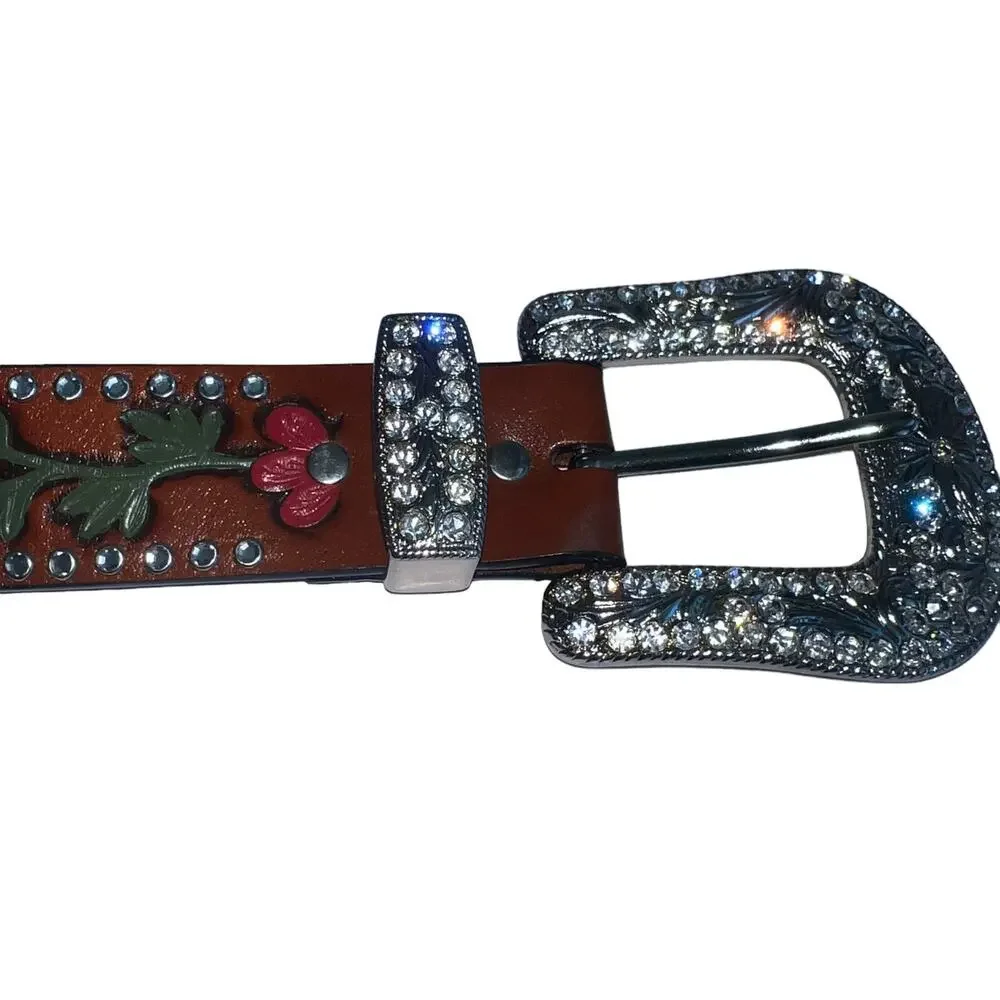 3-D Rhinestone Hand Tooled Hand Painted Leather Belt Bling Buckle Retro 38